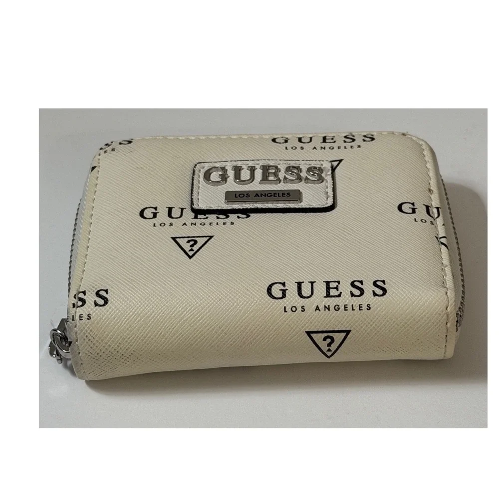 Guess Los Angeles Zip‎ Around Wallet White Logo Print Saffiano Faux Leather - Picture 5 of 11